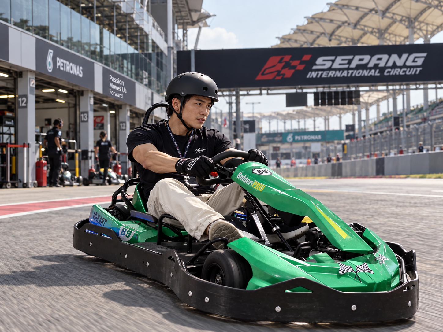 Illustrative kart driver at a circuit with Sepang signage, used as a visual reference