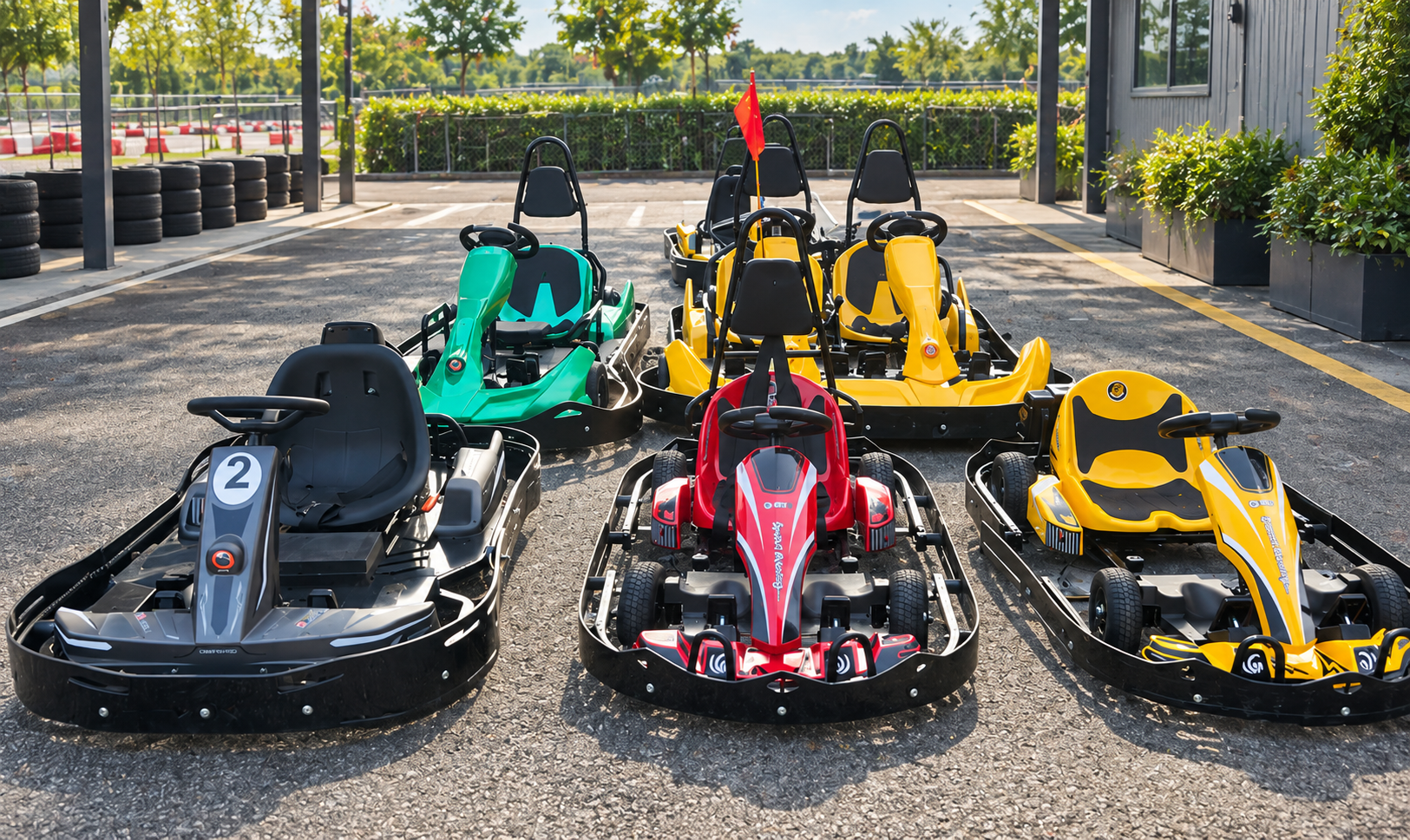 Concept visual of a colourful kart lineup in the paddock