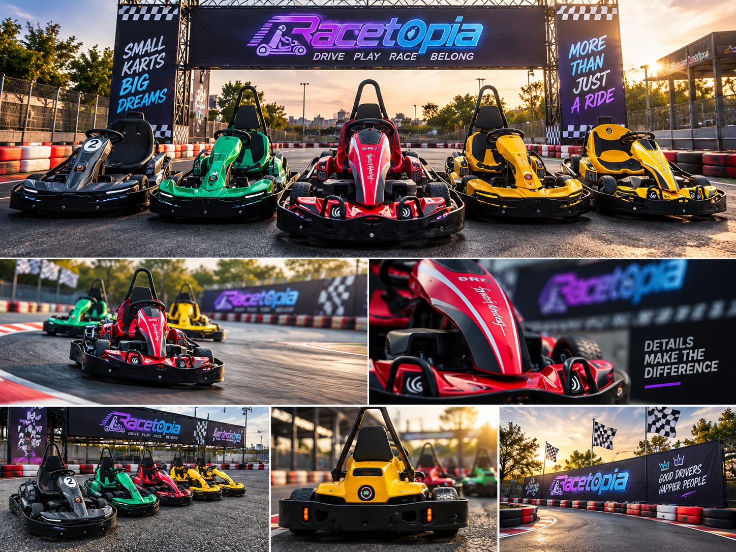 Racetopia race village concept showing a branded starting arch, colourful karts and trackside banners